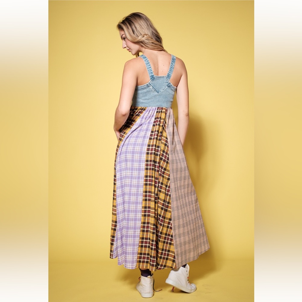 27 Boho Denim Multi Fabric Pleated Suspender Maxi Dress - Picture 7 of 7